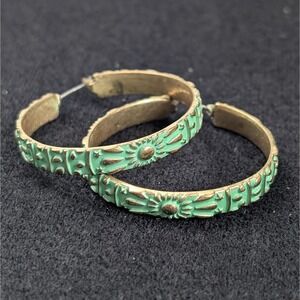 Vintage Hoop Earrings Boho Brass Green Verdigris Stamped Sunburst Pattern